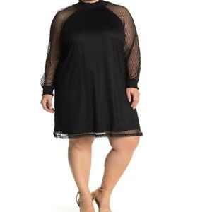 NINA LEONARD  Shirred Mock Neck Lace Trapeze Dress